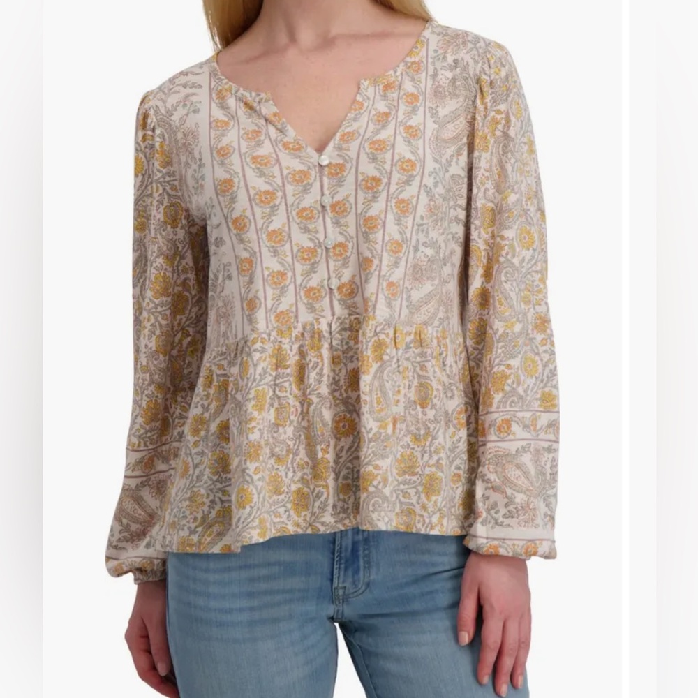 Lucky Brand Long Sleeve Cream Floral Cotton Peplum Top Size Medium